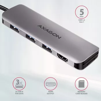 Hub Axagon HMC-HCR3A 3x USB-A + HDMI + SD/microSD USB-C 3.2 Gen 1 cable de 20 cm USB 3.2 Gen 1 (3.1 Gen 1) Type-C gris