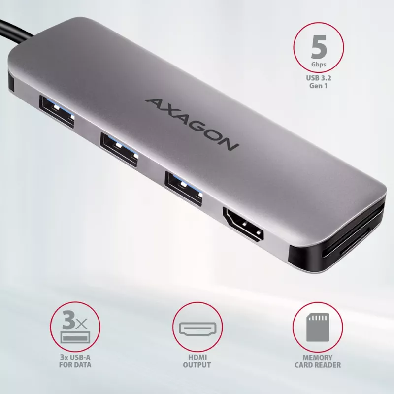Hub Axagon HMC-HCR3A 3x USB-A + HDMI + SD/microSD USB-C 3.2 Gen 1 cable de 20 cm USB 3.2 Gen 1 (3.1 Gen 1) Type-C gris