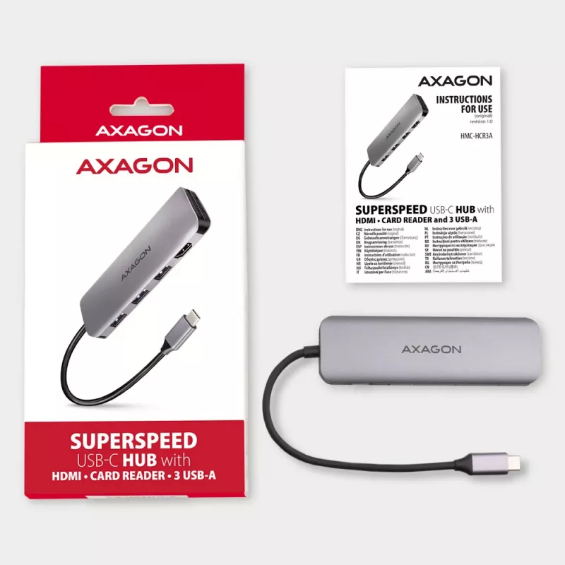 Hub Axagon HMC-HCR3A 3x USB-A + HDMI + SD/microSD USB-C 3.2 Gen 1 cable de 20 cm USB 3.2 Gen 1 (3.1 Gen 1) Type-C gris
