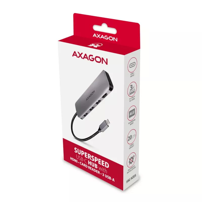 Hub Axagon HMC-HCR3A 3x USB-A + HDMI + SD/microSD USB-C 3.2 Gen 1 cable de 20 cm USB 3.2 Gen 1 (3.1 Gen 1) Type-C gris