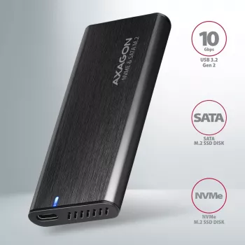 Carcasa externa Axagon EEM2-SB2 USB-C 3.2 Gen 2 de metal para SSD M.2 NVMe y SATA. Sin tornillos