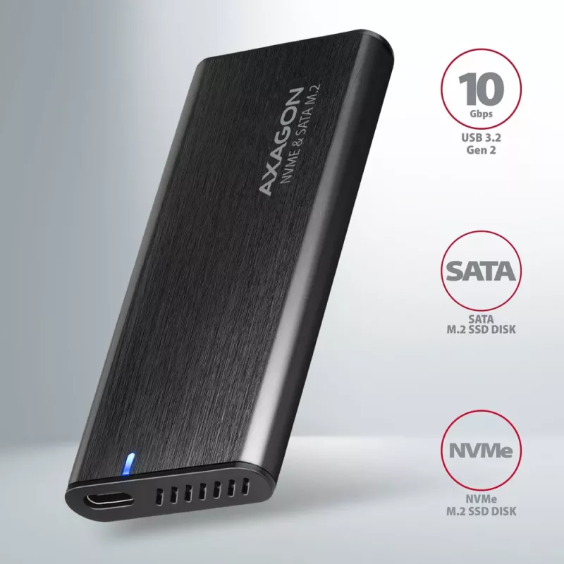 Carcasa externa Axagon EEM2-SB2 USB-C 3.2 Gen 2 de metal para SSD M.2 NVMe y SATA. Sin tornillos