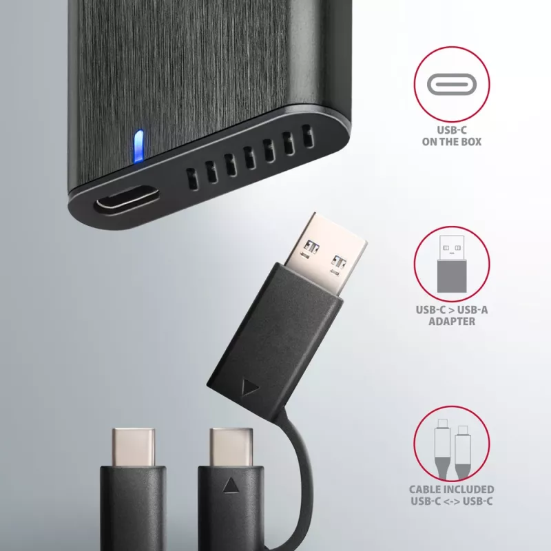 Carcasa externa Axagon EEM2-SB2 USB-C 3.2 Gen 2 de metal para SSD M.2 NVMe y SATA. Sin tornillos