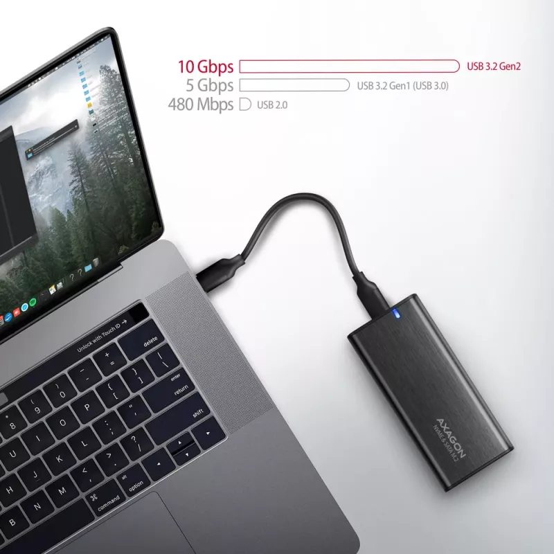 Carcasa externa Axagon EEM2-SB2 USB-C 3.2 Gen 2 de metal para SSD M.2 NVMe y SATA. Sin tornillos