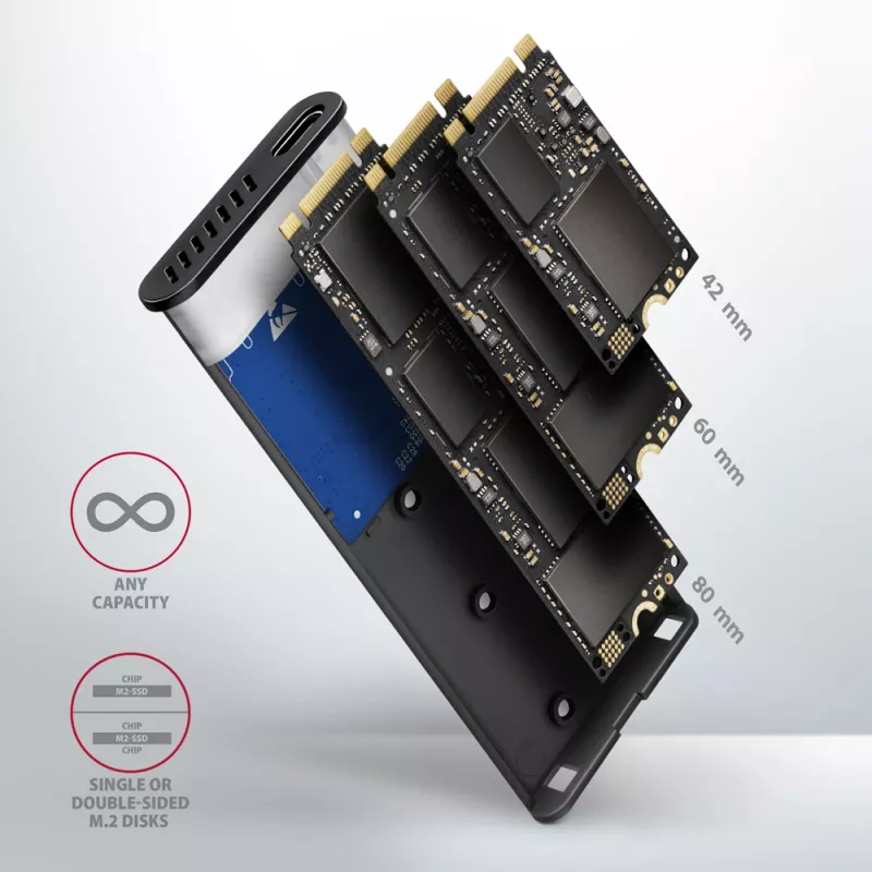 Carcasa externa Axagon EEM2-SB2 USB-C 3.2 Gen 2 de metal para SSD M.2 NVMe y SATA. Sin tornillos
