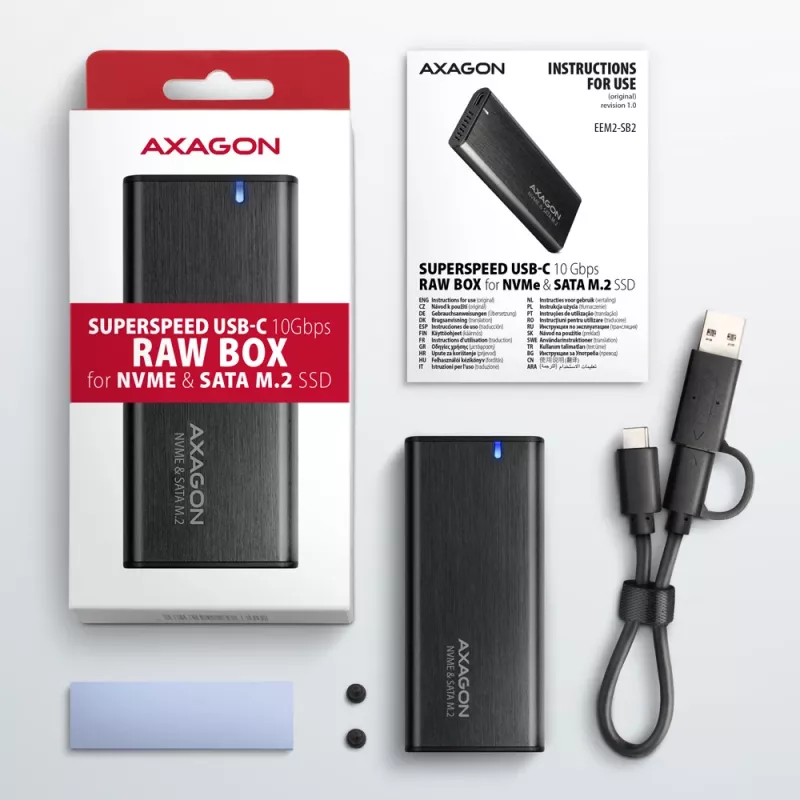 Carcasa externa Axagon EEM2-SB2 USB-C 3.2 Gen 2 de metal para SSD M.2 NVMe y SATA. Sin tornillos