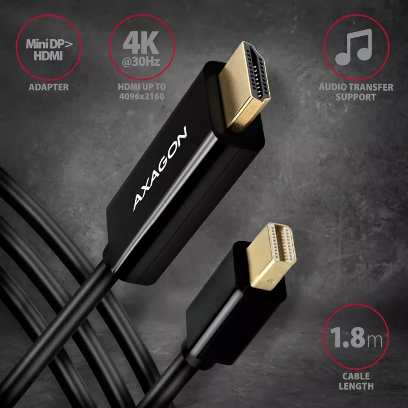 Cable adaptador Axagon RVDM-HI14C2 Mini DisplayPort a HDMI 4K 30Hz 1,8 m