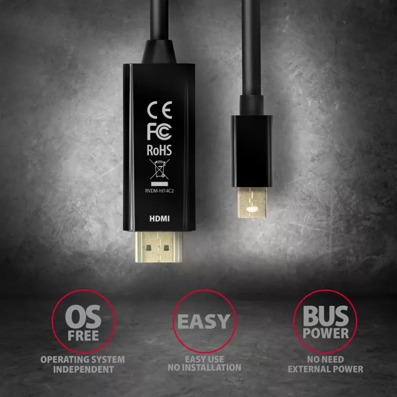 Cable adaptador Axagon RVDM-HI14C2 Mini DisplayPort a HDMI 4K 30Hz 1,8 m