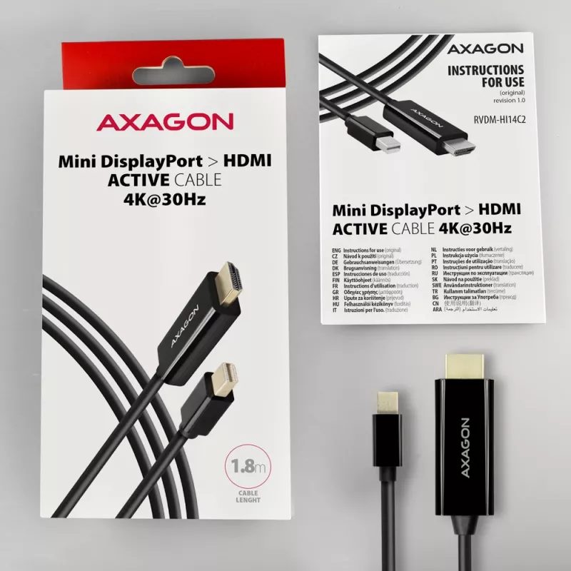 Cable adaptador Axagon RVDM-HI14C2 Mini DisplayPort a HDMI 4K 30Hz 1,8 m