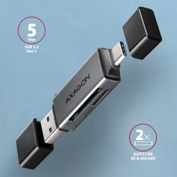 Lector de tarjetas Axagon CRE-DAC USB-C + USB-A 5 Gbps MINI 2 ranuras y LUN SD/microSD USB 3.0 Type-A/Type-C gris