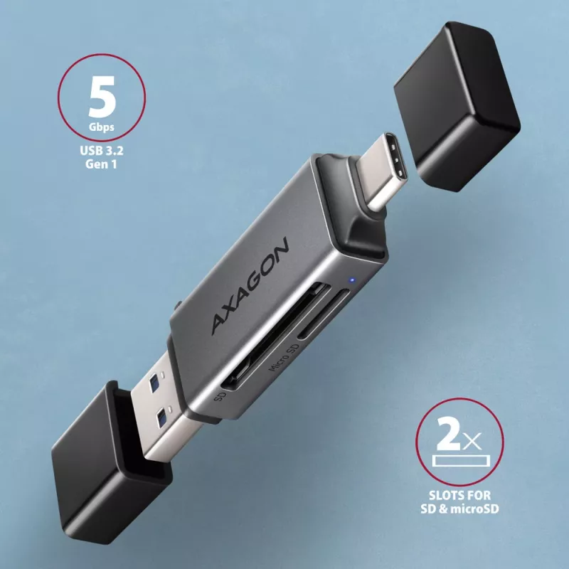 Lector de tarjetas Axagon CRE-DAC USB-C + USB-A 5 Gbps MINI 2 ranuras y LUN SD/microSD USB 3.0 Type-A/Type-C gris