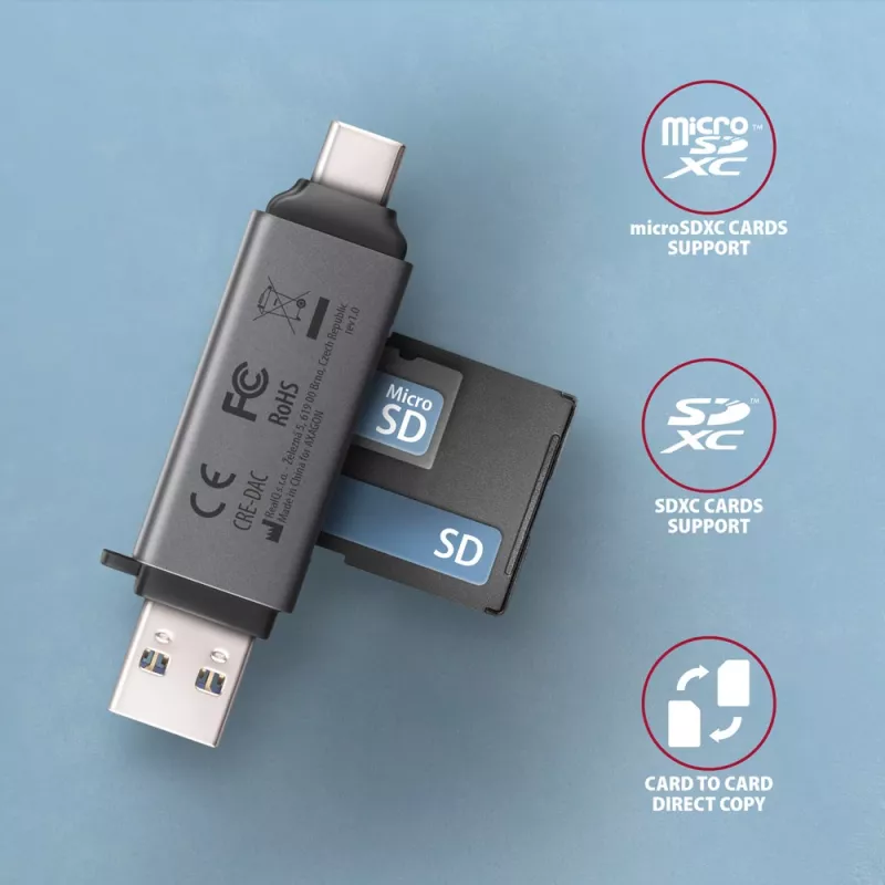 Lector de tarjetas Axagon CRE-DAC USB-C + USB-A 5 Gbps MINI 2 ranuras y LUN SD/microSD USB 3.0 Type-A/Type-C gris