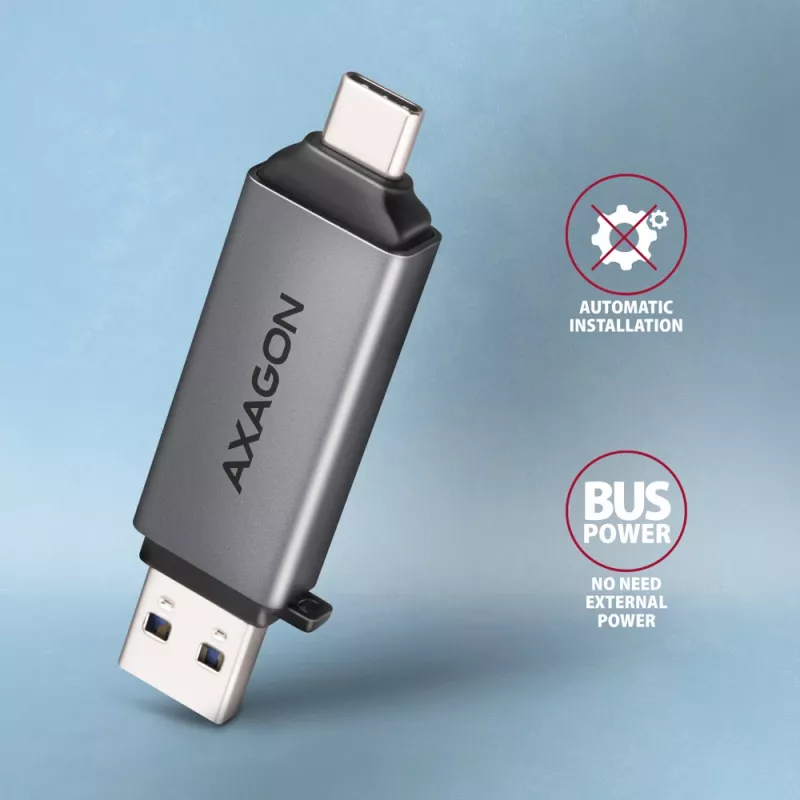 Lector de tarjetas Axagon CRE-DAC USB-C + USB-A 5 Gbps MINI 2 ranuras y LUN SD/microSD USB 3.0 Type-A/Type-C gris