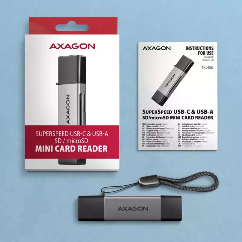 Lector de tarjetas Axagon CRE-DAC USB-C + USB-A 5 Gbps MINI 2 ranuras y LUN SD/microSD USB 3.0 Type-A/Type-C gris