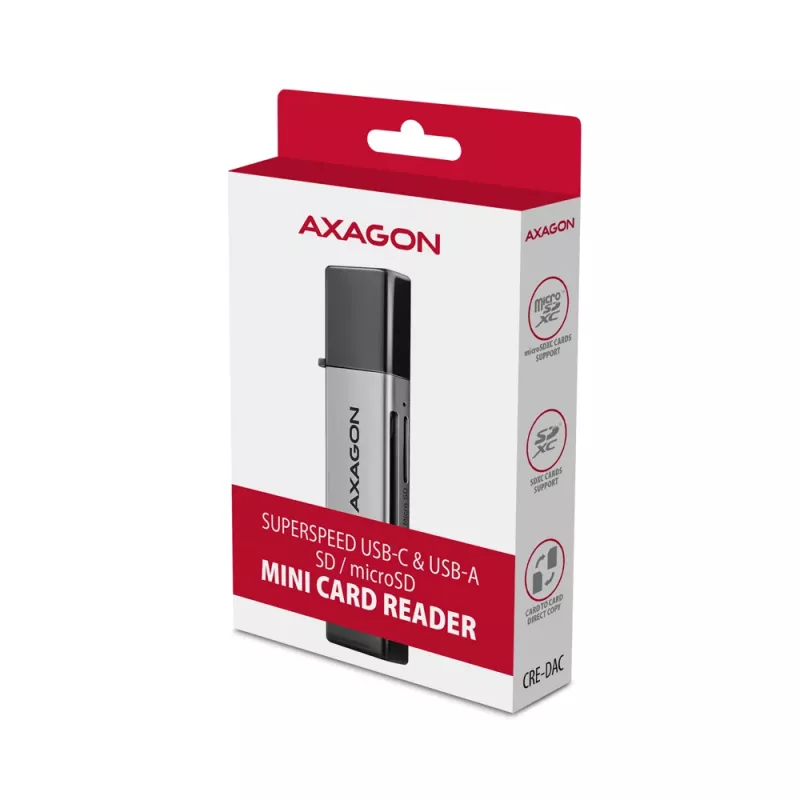 Lector de tarjetas Axagon CRE-DAC USB-C + USB-A 5 Gbps MINI 2 ranuras y LUN SD/microSD USB 3.0 Type-A/Type-C gris