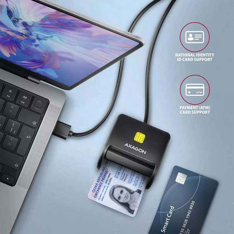 Lector plano de tarjetas inteligentes/ID Axagon CRE-SM3N USB-A, USB 2.0, 1,3 m, negro, 57 g