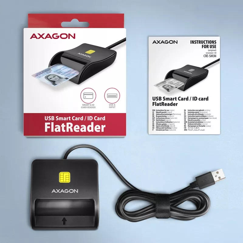 Lector plano de tarjetas inteligentes/ID Axagon CRE-SM3N USB-A, USB 2.0, 1,3 m, negro, 57 g