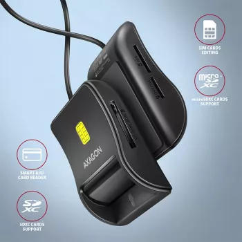 Lector plano de tarjetas inteligentes y SD/microSD/SIM Axagon CRE-SM3SD USB para interiores USB 2.0 negro