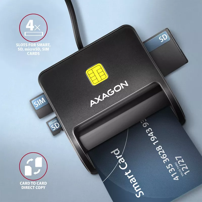 Lector plano de tarjetas inteligentes y SD/microSD/SIM Axagon CRE-SM3SD USB para interiores USB 2.0 negro