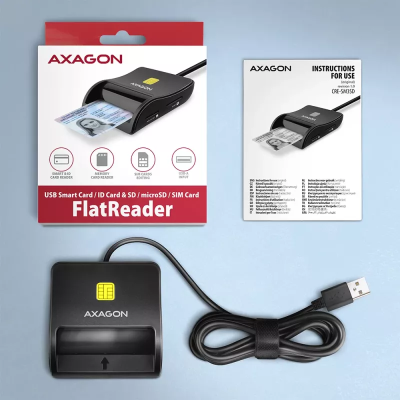 Lector plano de tarjetas inteligentes y SD/microSD/SIM Axagon CRE-SM3SD USB para interiores USB 2.0 negro