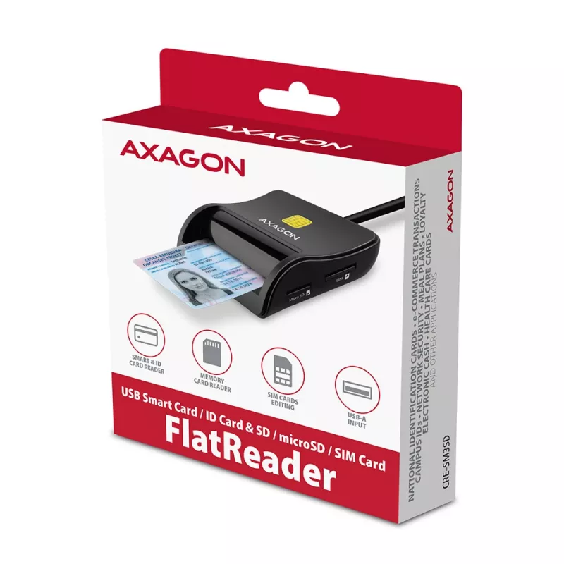 Lector plano de tarjetas inteligentes y SD/microSD/SIM Axagon CRE-SM3SD USB para interiores USB 2.0 negro