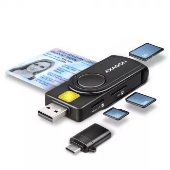 Lector de tarjetas Axagon CRE-SMP2A USB Smartcard y SD/microSD/SIM PocketReader para interiores USB Type-A/USB Type-C negro