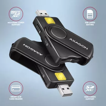 Lector de tarjetas Axagon CRE-SMP2A USB Smartcard y SD/microSD/SIM PocketReader para interiores USB Type-A/USB Type-C negro