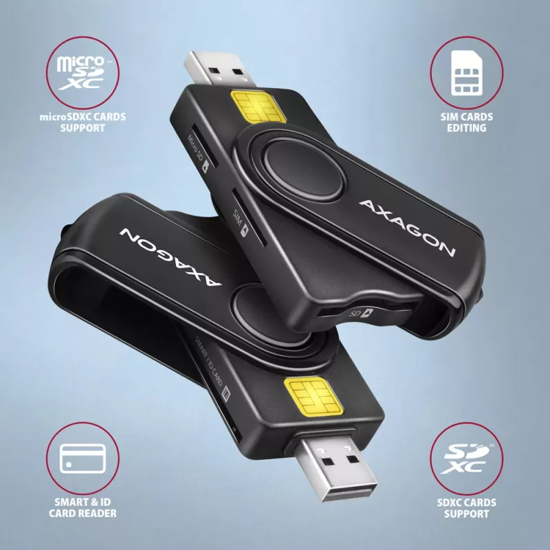 Lector de tarjetas Axagon CRE-SMP2A USB Smartcard y SD/microSD/SIM PocketReader para interiores USB Type-A/USB Type-C negro