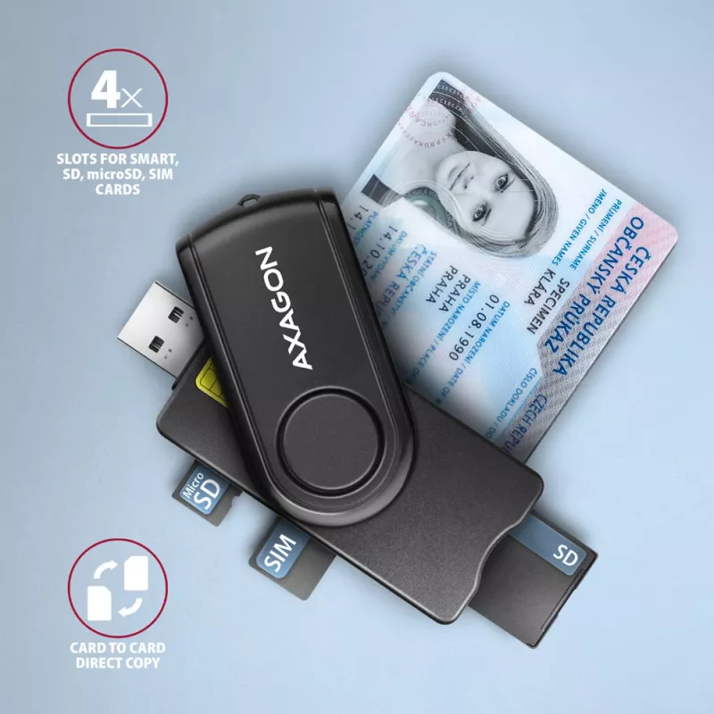 Lector de tarjetas Axagon CRE-SMP2A USB Smartcard y SD/microSD/SIM PocketReader para interiores USB Type-A/USB Type-C negro