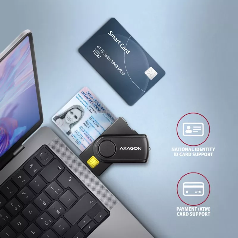 Lector de tarjetas Axagon CRE-SMP2A USB Smartcard y SD/microSD/SIM PocketReader para interiores USB Type-A/USB Type-C negro