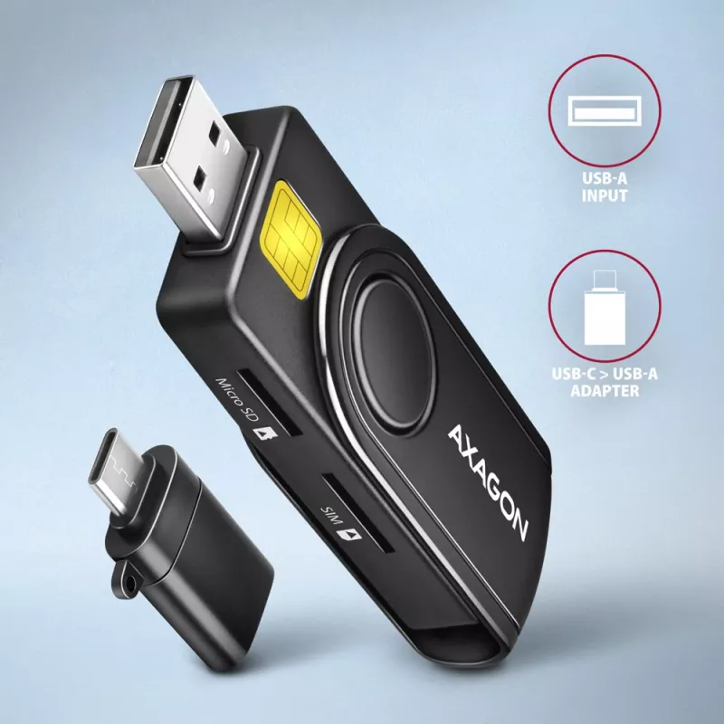 Lector de tarjetas Axagon CRE-SMP2A USB Smartcard y SD/microSD/SIM PocketReader para interiores USB Type-A/USB Type-C negro