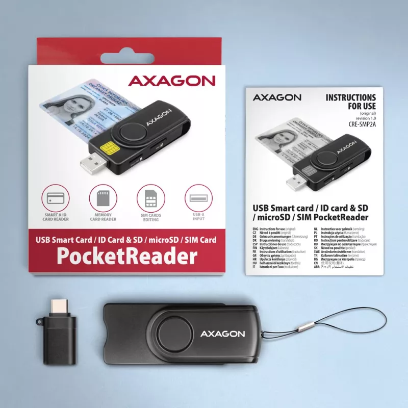 Lector de tarjetas Axagon CRE-SMP2A USB Smartcard y SD/microSD/SIM PocketReader para interiores USB Type-A/USB Type-C negro