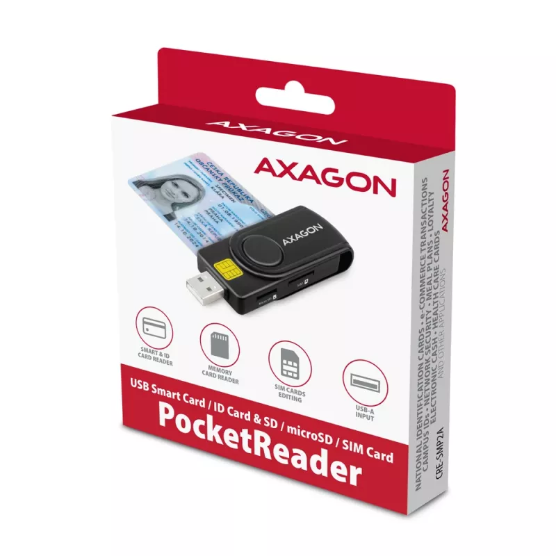 Lector de tarjetas Axagon CRE-SMP2A USB Smartcard y SD/microSD/SIM PocketReader para interiores USB Type-A/USB Type-C negro
