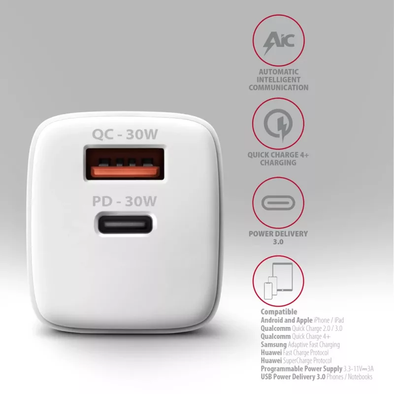 Cargador Axagon ACU-PQ30W QC3.0 30W USB-C blanco