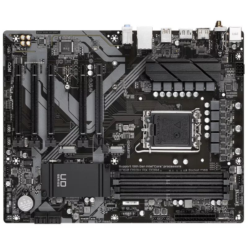 Placa base GIGABYTE B760 DS3H AX DDR4 - Compatible con Intel Core 14.ª gen, VRM digital 8+2+1 fases, hasta 5333MHz DDR4 (OC), 2xPCIe 4.0 M.2, Wi-Fi 6E, GbE LAN, USB 3.2 Gen 2