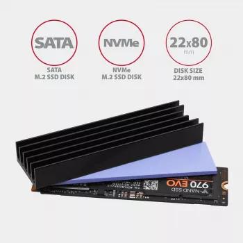 Disipador pasivo de aluminio Axagon CLR-M2L10 para todas las SSD M.2, tamaño 2280, 10 mm de alto.