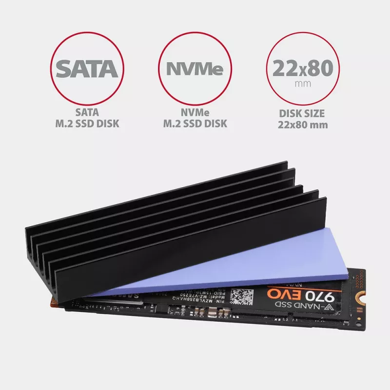Disipador pasivo de aluminio Axagon CLR-M2L10 para todas las SSD M.2, tamaño 2280, 10 mm de alto.