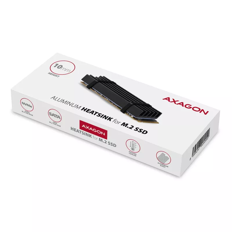 Disipador pasivo de aluminio Axagon CLR-M2L10 para todas las SSD M.2, tamaño 2280, 10 mm de alto.