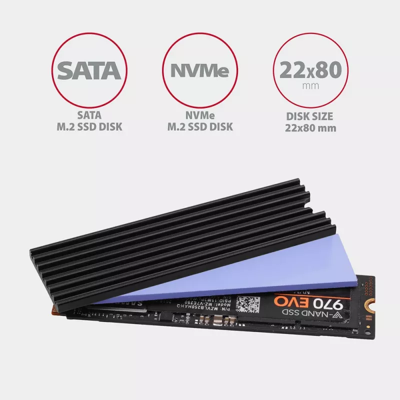 Disipador pasivo de aluminio Axagon CLR-M2L3 para todas las SSD M.2, tamaño 2280, altura 3 mm