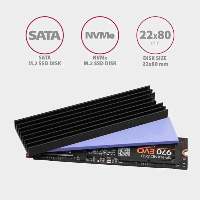 Disipador pasivo de aluminio Axagon CLR-M2L6 para todas las SSD M.2, tamaño 2280, alto 6 mm