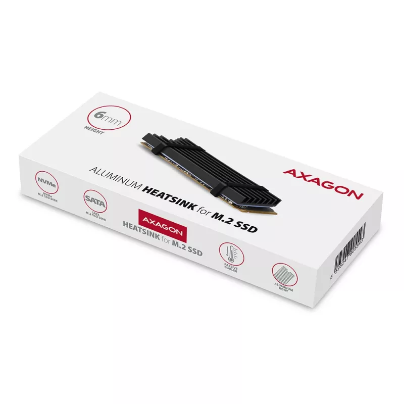 Disipador pasivo de aluminio Axagon CLR-M2L6 para todas las SSD M.2, tamaño 2280, alto 6 mm
