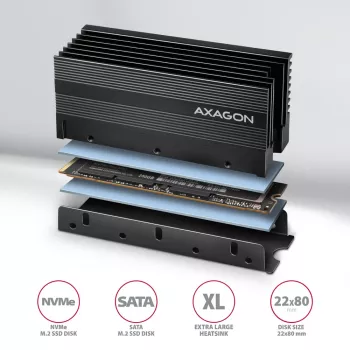 Disipador pasivo de aluminio Axagon CLR-M2XL para unidades SSD M.2 de una y dos caras, tamaño 2280, altura 36 mm