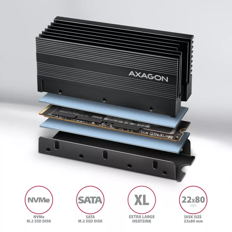 Disipador pasivo de aluminio Axagon CLR-M2XL para unidades SSD M.2 de una y dos caras, tamaño 2280, altura 36 mm