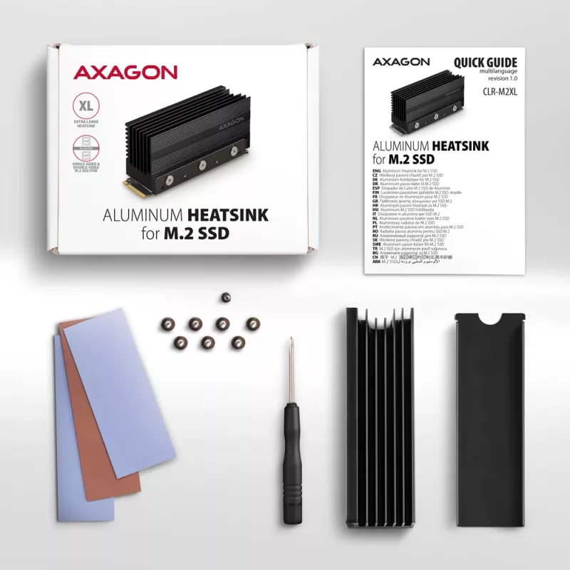 Disipador pasivo de aluminio Axagon CLR-M2XL para unidades SSD M.2 de una y dos caras, tamaño 2280, altura 36 mm