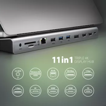 Docking station Axagon HMC-4KX3 Hub USB-C 5Gbps, 3x USB-A, 2x HDMI, DP, RJ-45, SD/microSD, Audio, PD 100W, Cable 40cm