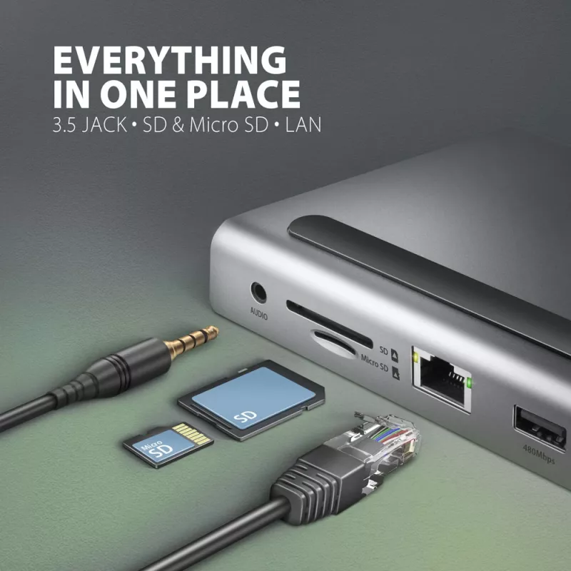 Docking station Axagon HMC-4KX3 Hub USB-C 5Gbps, 3x USB-A, 2x HDMI, DP, RJ-45, SD/microSD, Audio, PD 100W, Cable 40cm