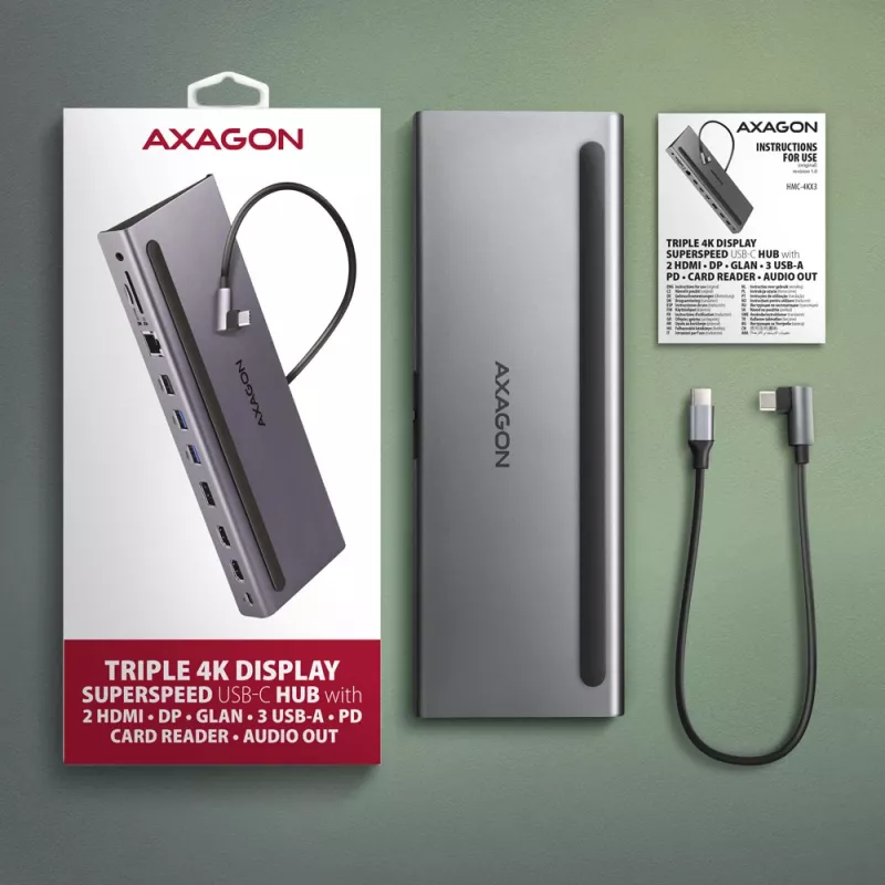 Docking station Axagon HMC-4KX3 Hub USB-C 5Gbps, 3x USB-A, 2x HDMI, DP, RJ-45, SD/microSD, Audio, PD 100W, Cable 40cm