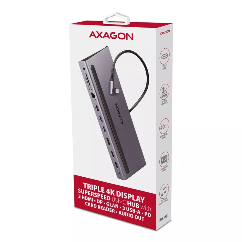 Docking station Axagon HMC-4KX3 Hub USB-C 5Gbps, 3x USB-A, 2x HDMI, DP, RJ-45, SD/microSD, Audio, PD 100W, Cable 40cm
