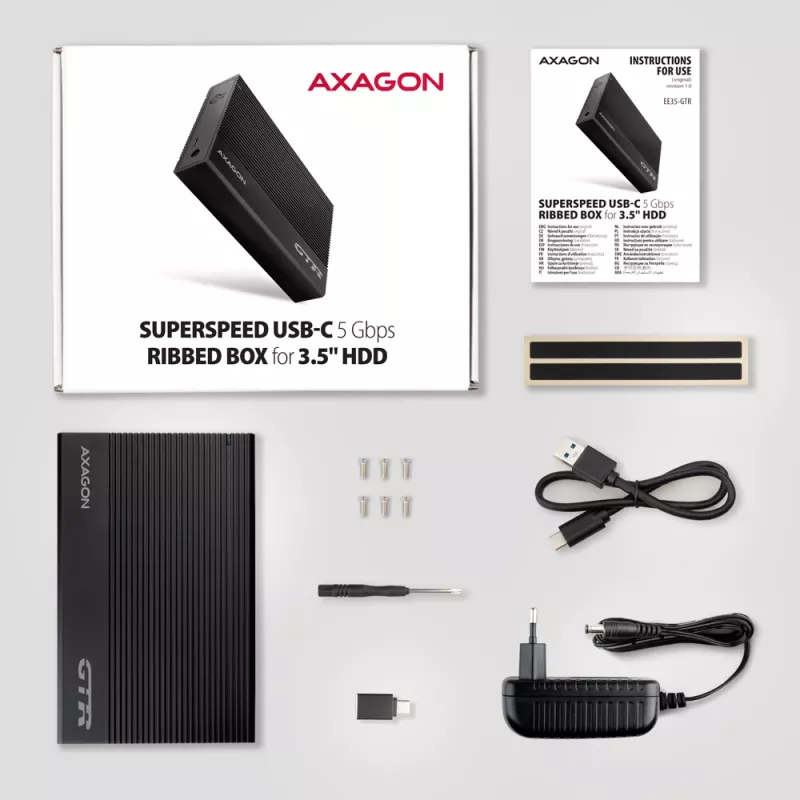 Axagon EE35-GTR USB-C 5Gbps - SATA 6G, 3.5 RIBBED box BLACK - Carcasa HDD USB Type-C 3,5 pulgadas