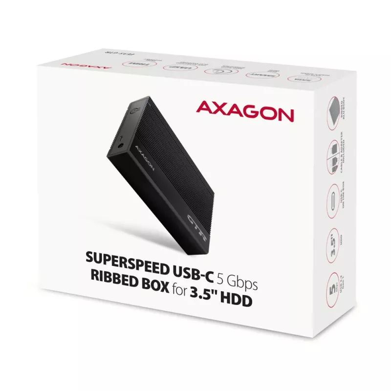Axagon EE35-GTR USB-C 5Gbps - SATA 6G, 3.5 RIBBED box BLACK - Carcasa HDD USB Type-C 3,5 pulgadas